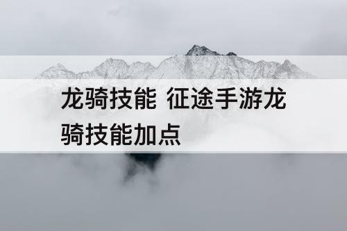 龙骑技能 征途手游龙骑技能加点